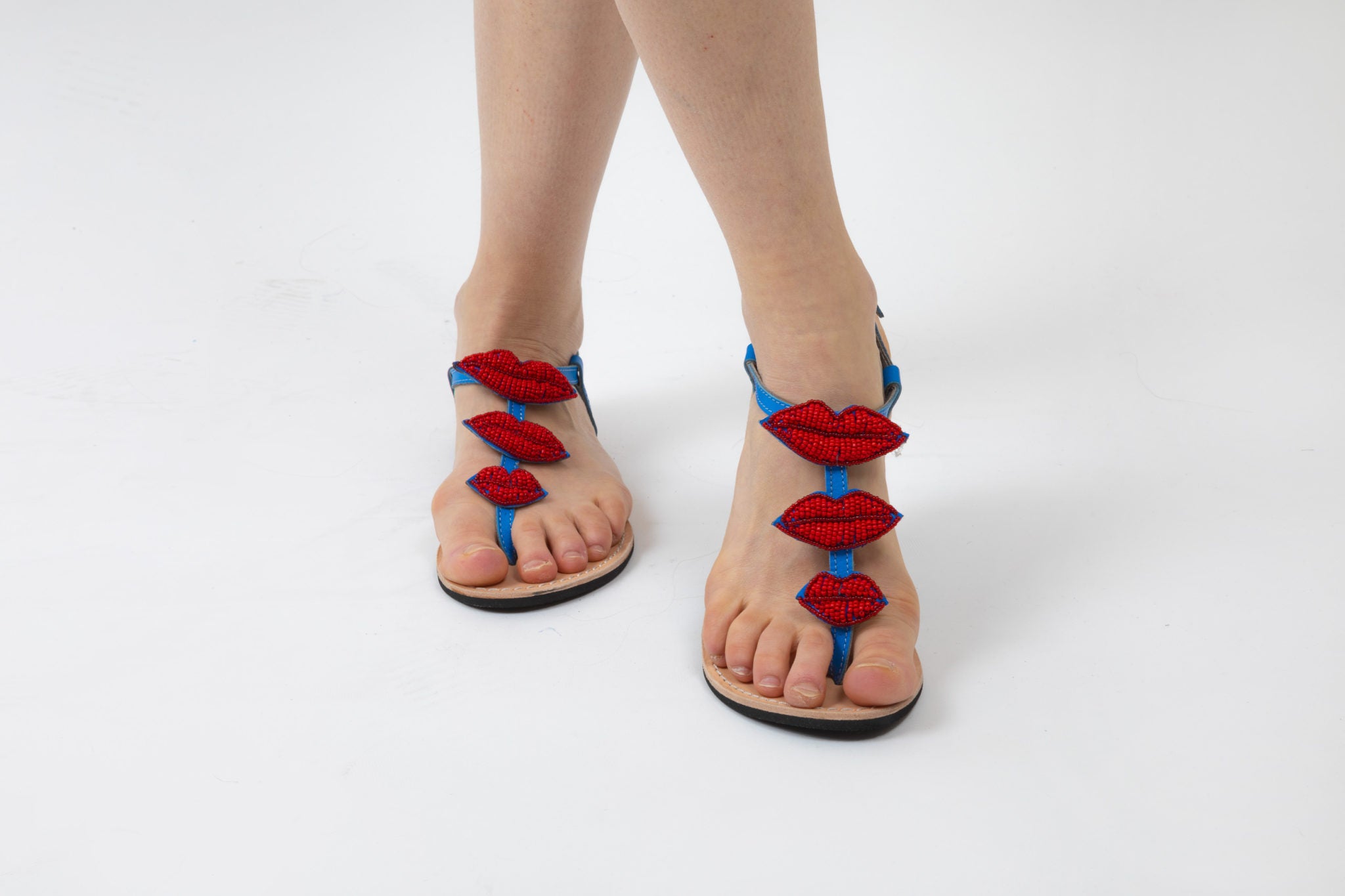 Sandales cuir et perles colorées plats fait main