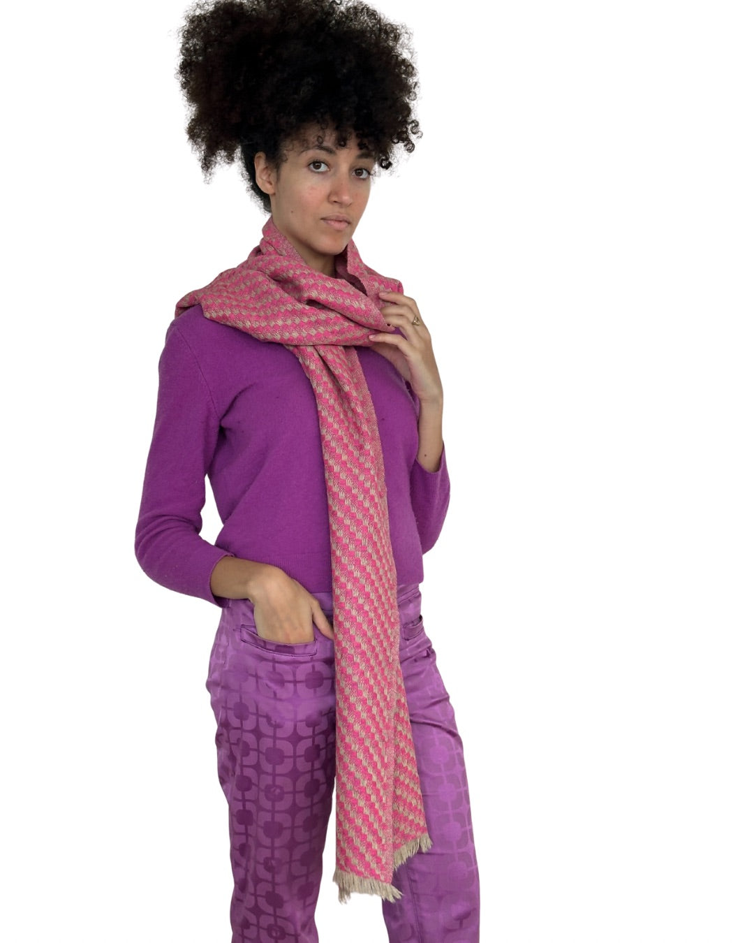 Écharpe en Yack - Rose & Beige, motif Pied de Poule
