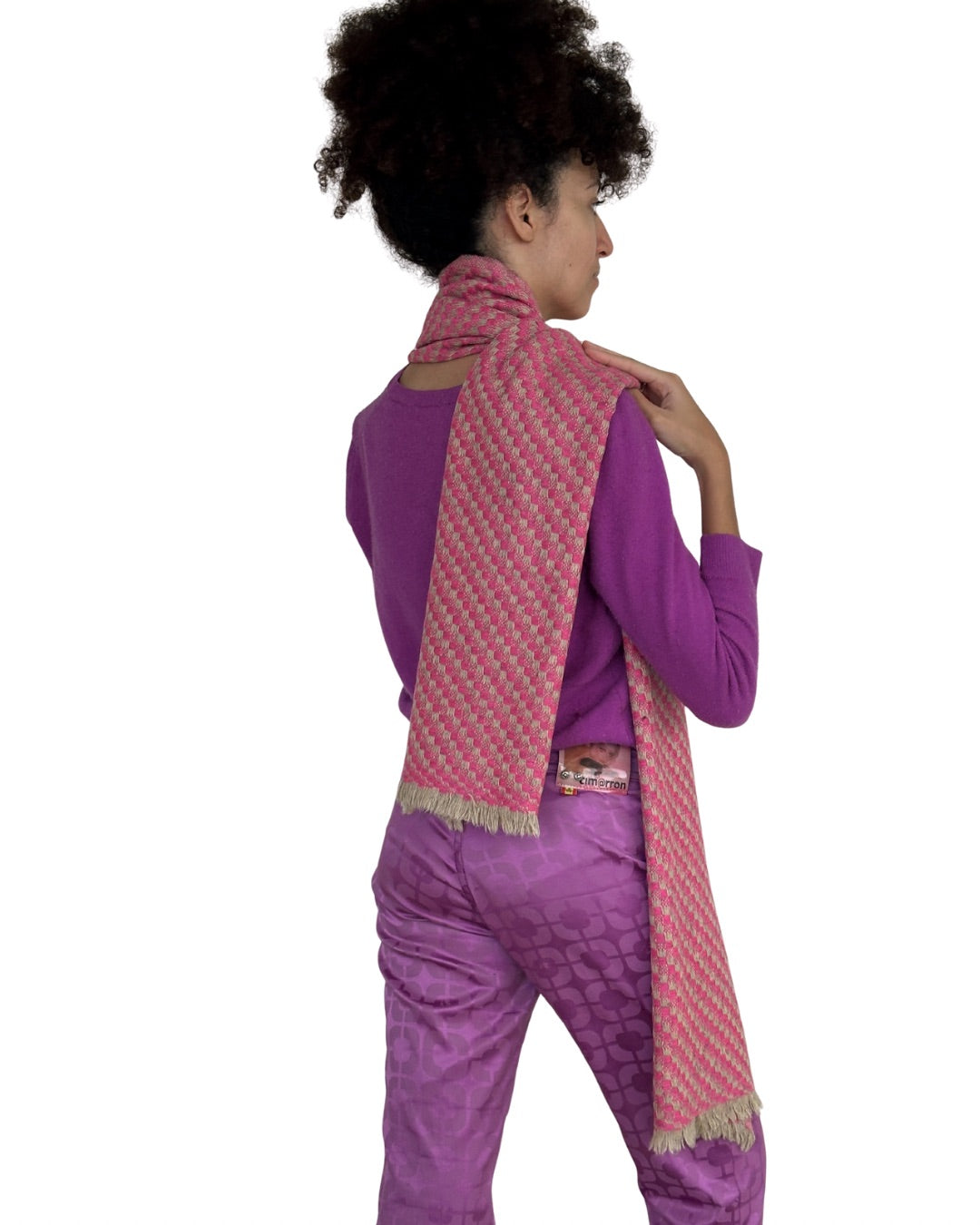 Écharpe en Yack - Rose & Beige, motif Pied de Poule