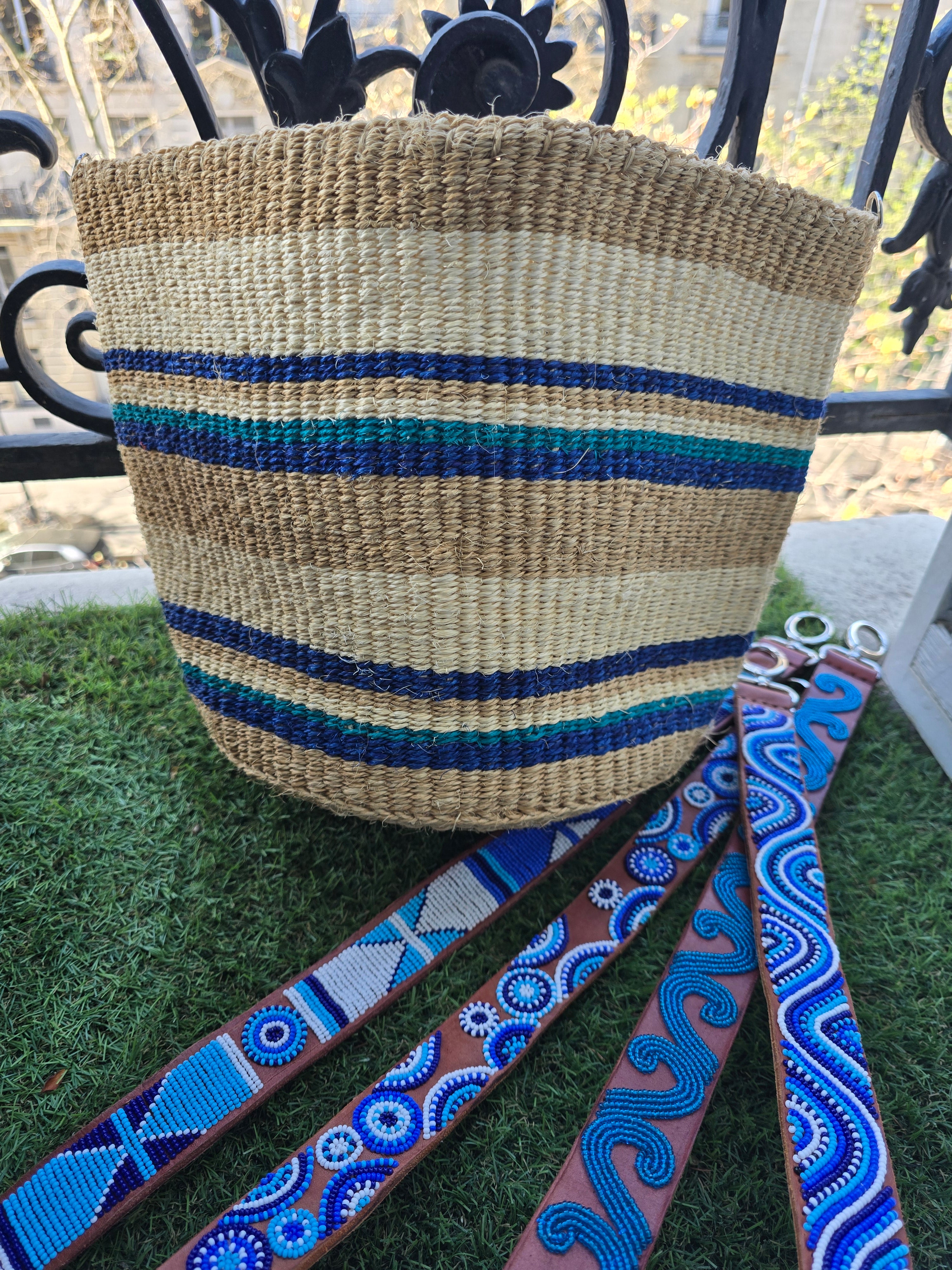 Panier Sisal - Rayures Blues