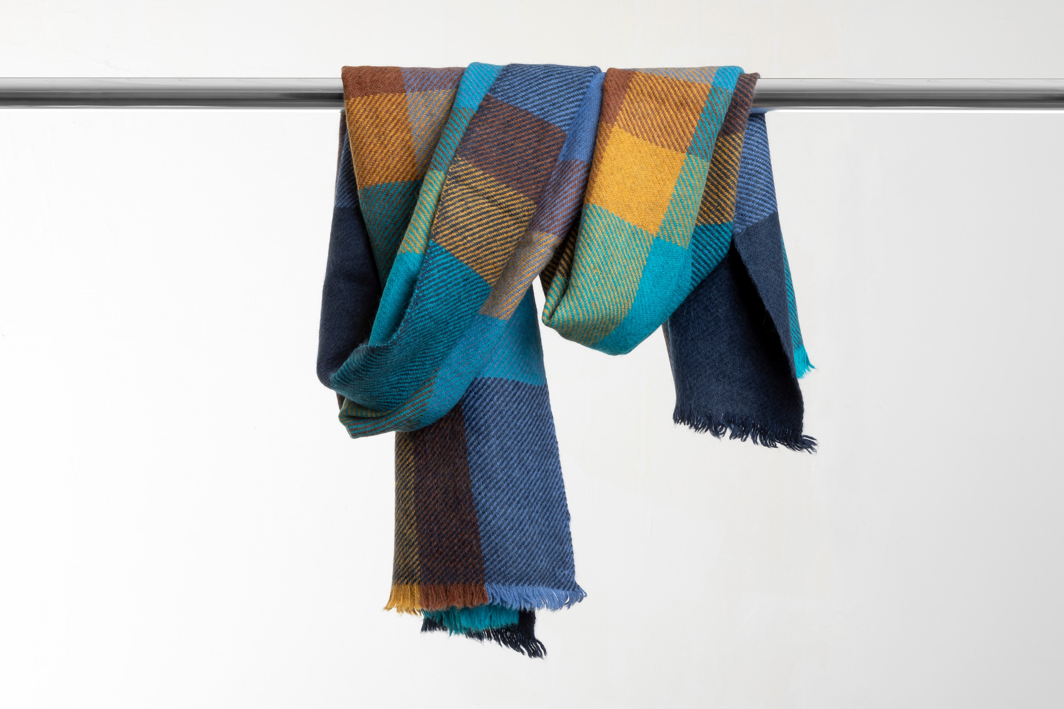 Écharpe en Yack - Carreaux Turquoise, Bleu & Ocre