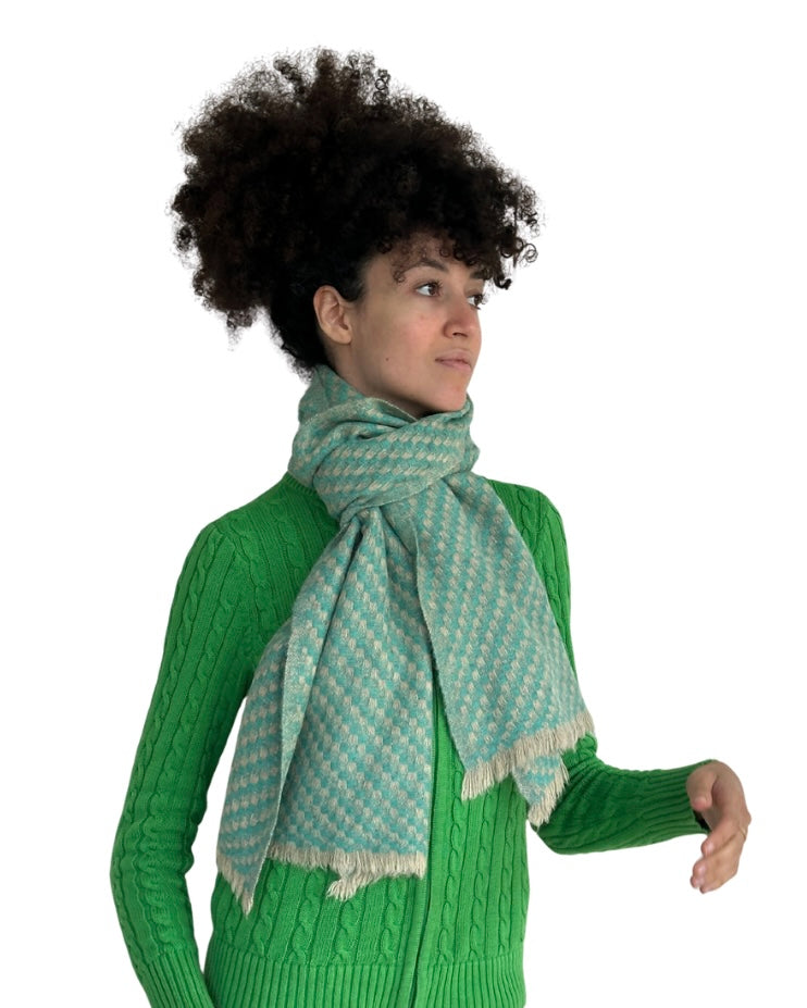Écharpe en Yack - Vert & Beige, motif Pied de Poule