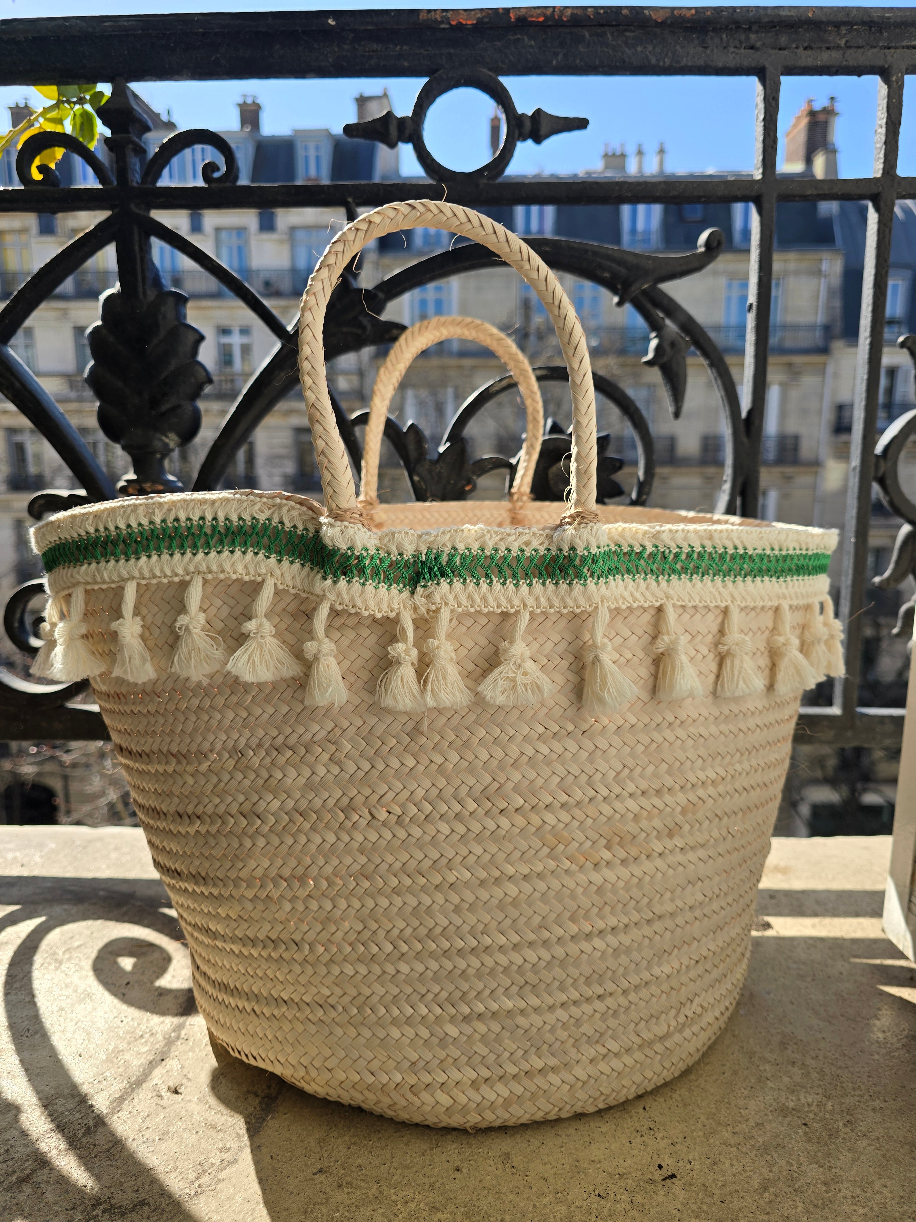 Grand panier avec passementerie Vert & Beige