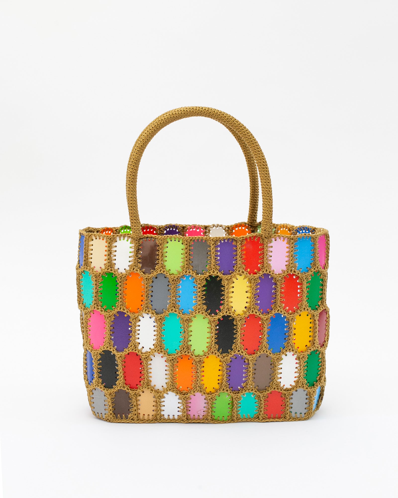 Sac à main multicolore en matériel recyclé et crocheté