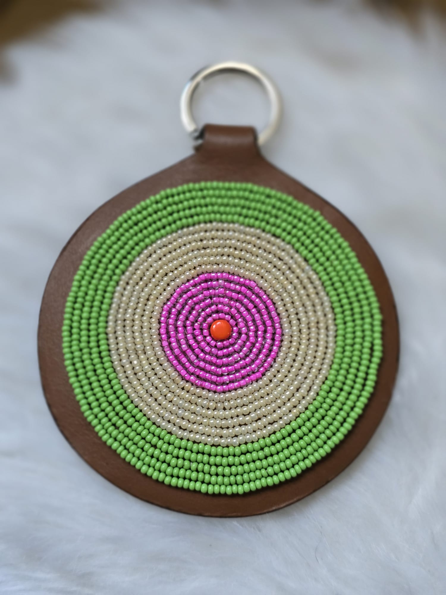 Porte-Clés / Galileo en Cuir et Pastille Masai - Vert / Ivoire / Rose