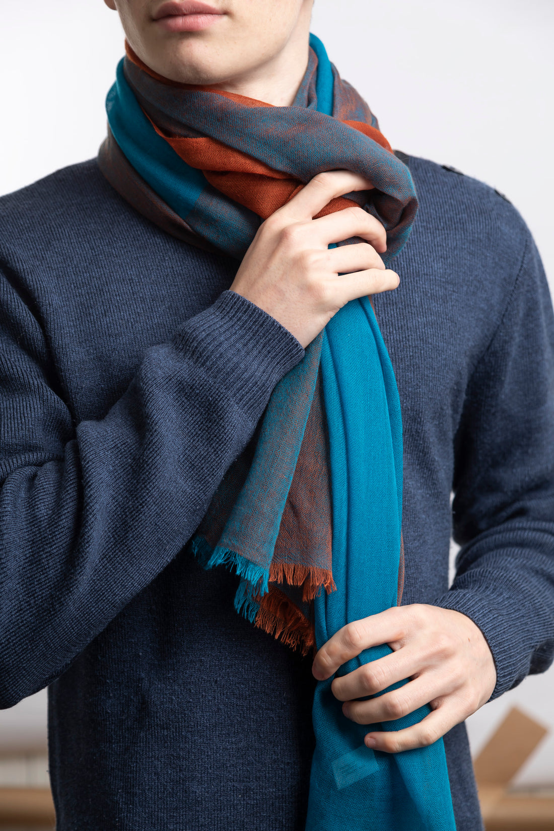 Echarpe en Cashmere Ultra Light - Bleu Roi &amp; Rouille