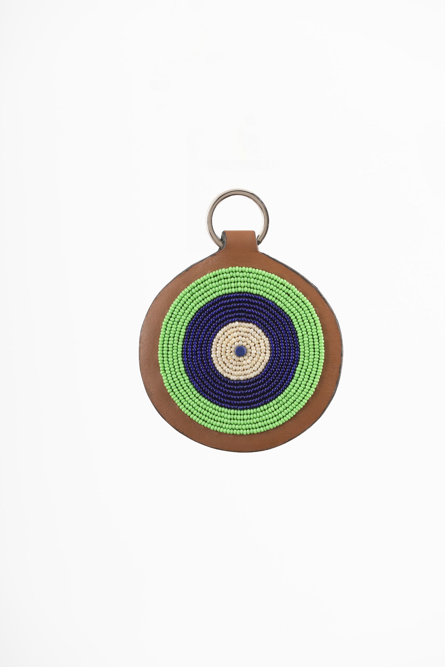 Porte-Clés / Galileo en Cuir et Pastille Masai - Vert/ Bleu / Ivoire