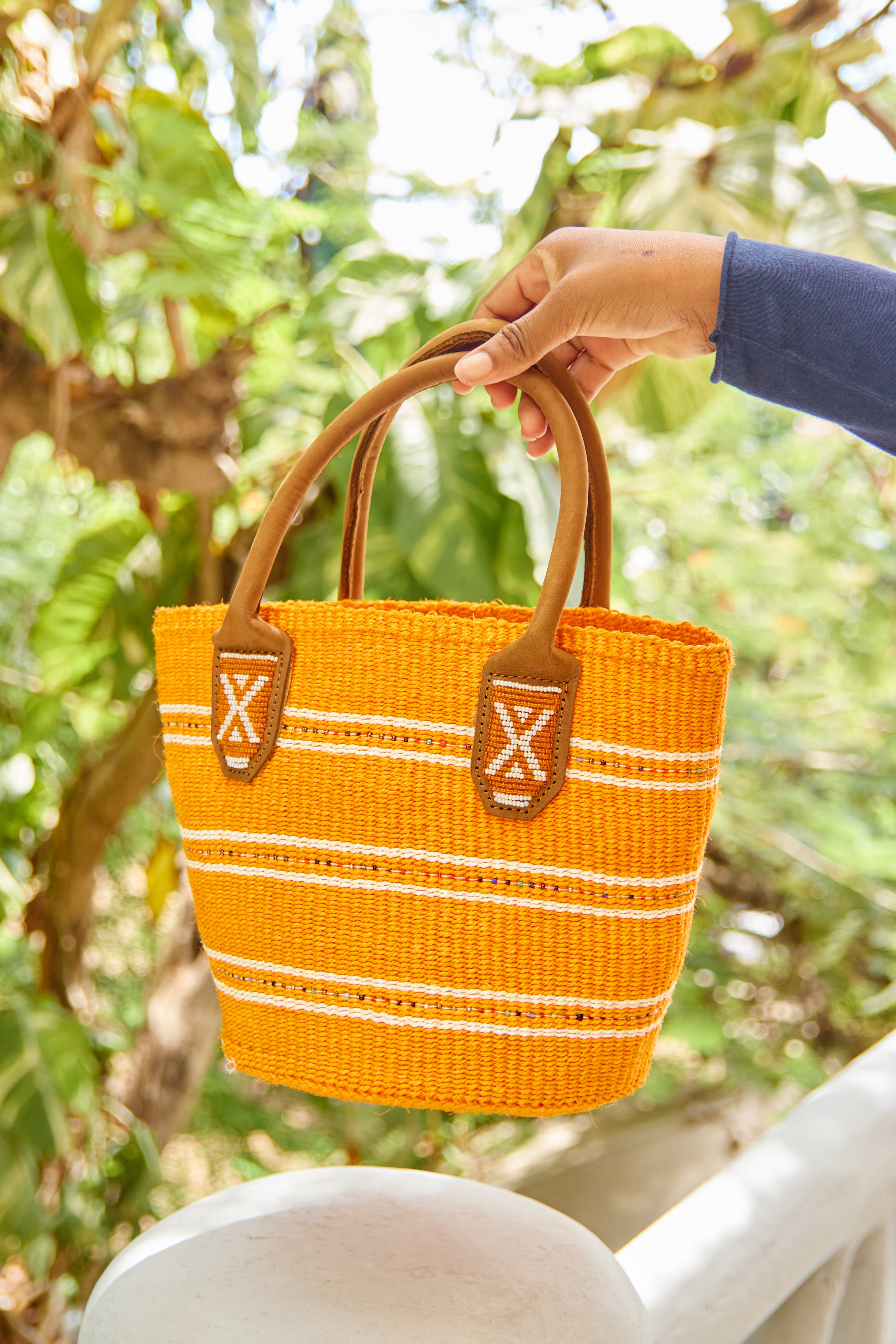 Panier en sisal perlé - Orange - Porté Main