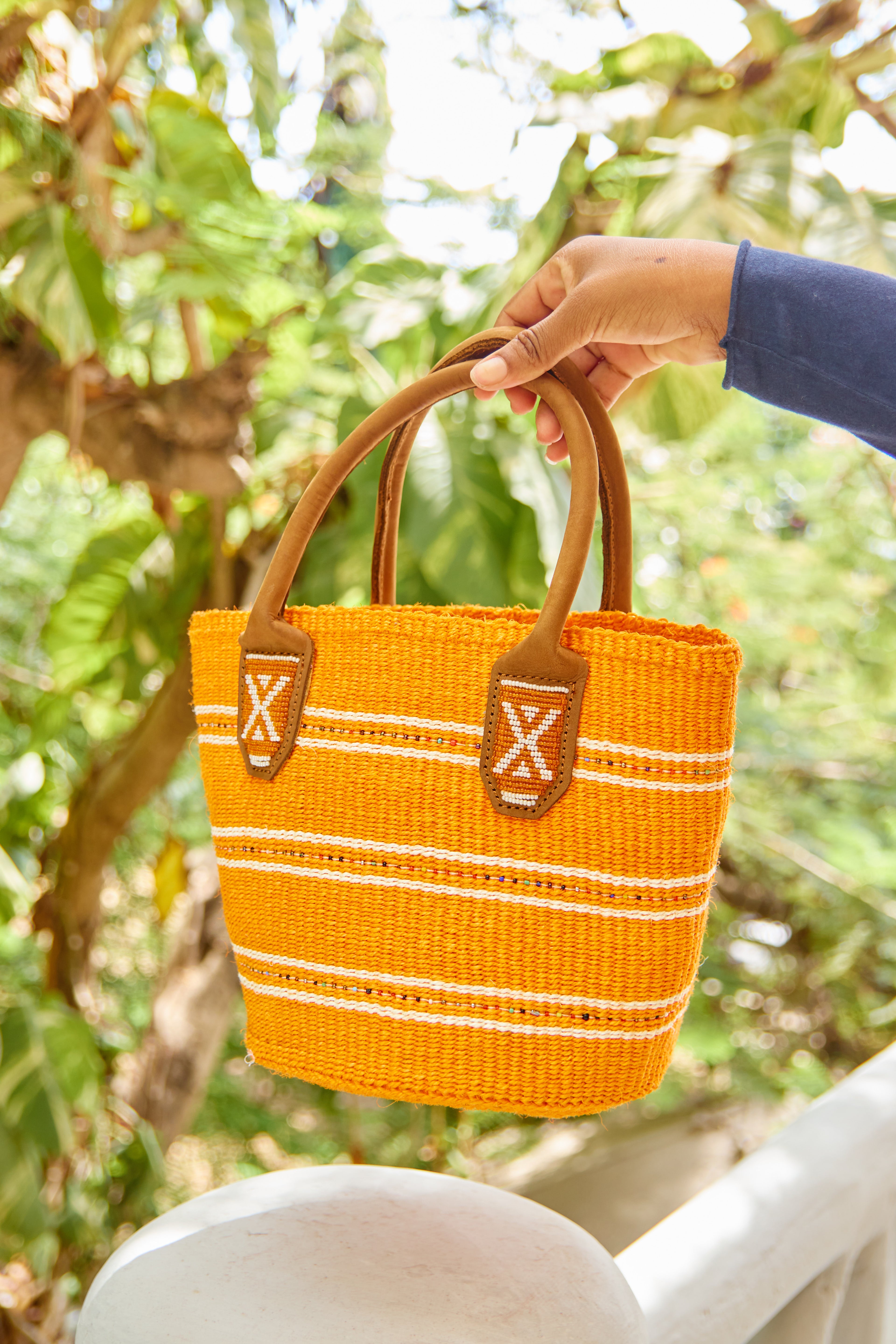 Panier en sisal perlé - Orange - Porté Main