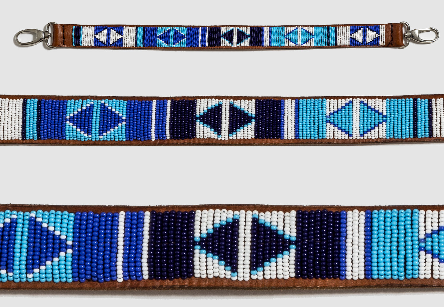 Ceinture MiniRosa en cuir brun avec perles bleues et motifs géométriques Masai, fait main au Kenya