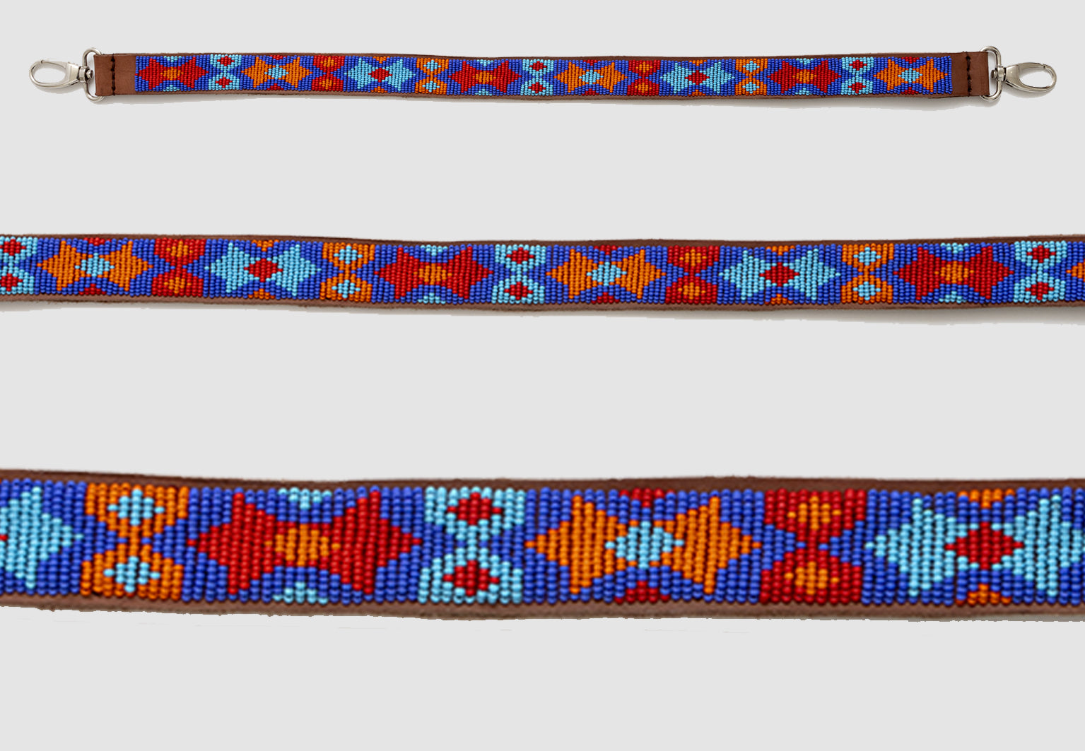 Ceinture MiniRosa en cuir brun avec perles et motifs étoilés géométriques Masai, fait main au Kenya