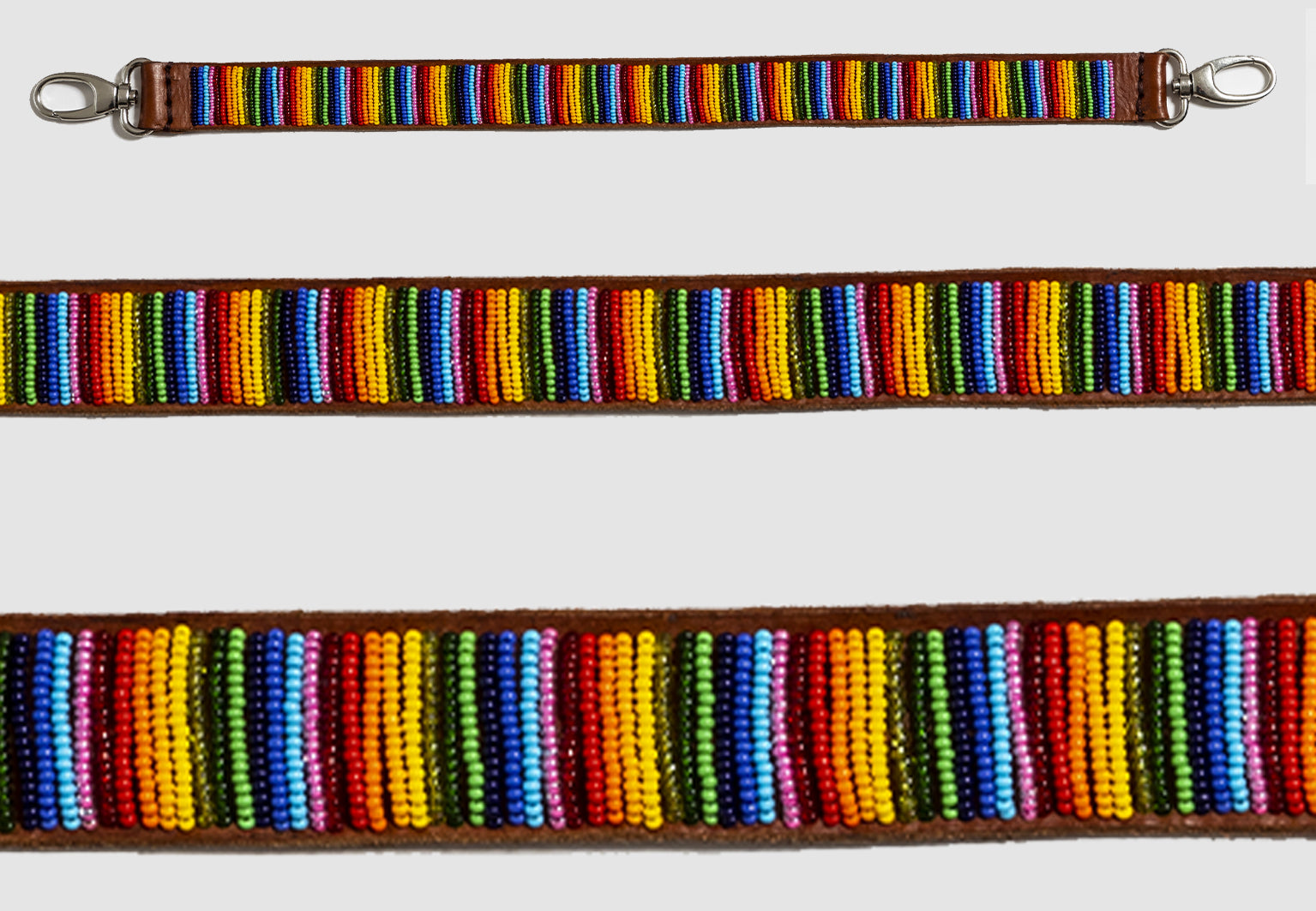 Ceinture MiniRosa en cuir brun avec perles multicolores en motifs verticaux arc-en-ciel Masai, fait main au Kenya
