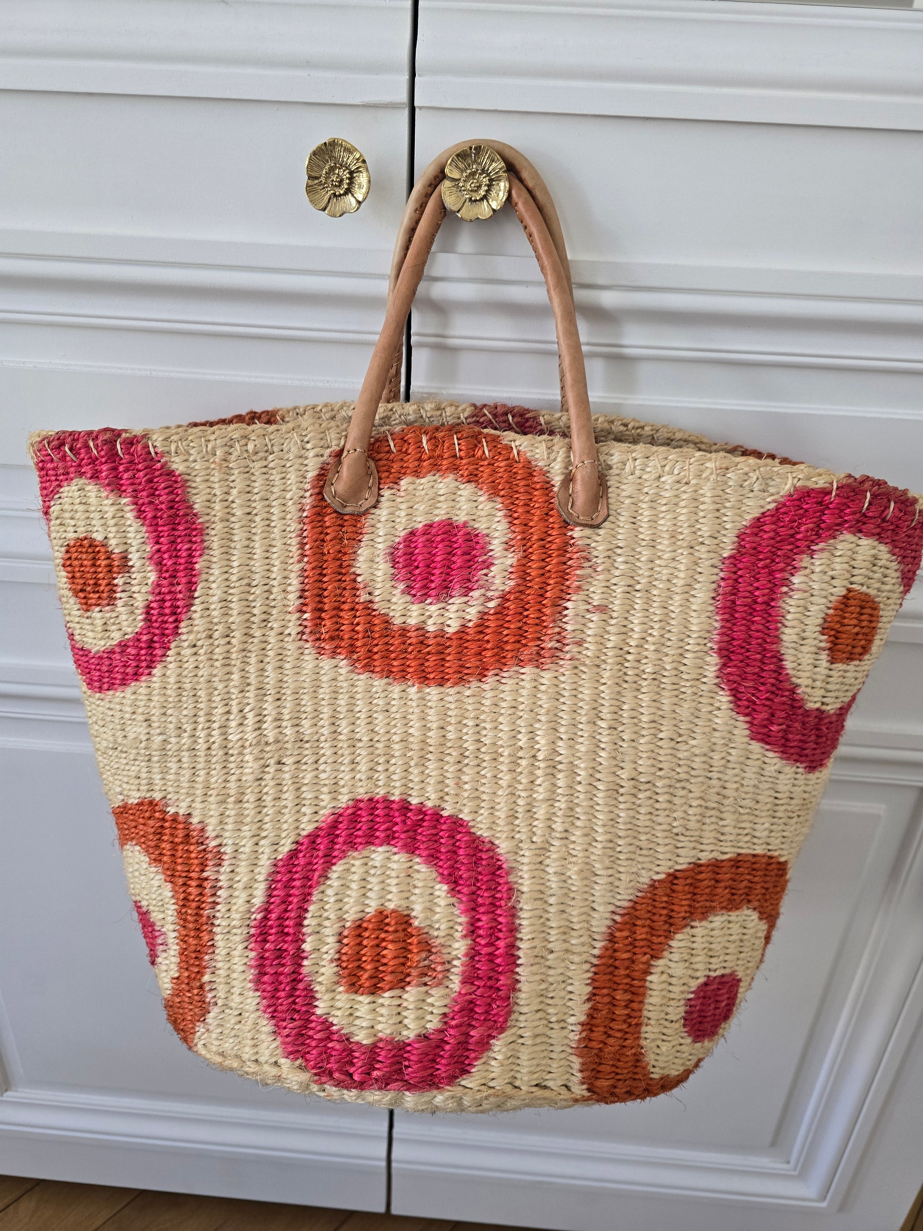 Grand panier en sisal - Beige, Rose &amp; Orange