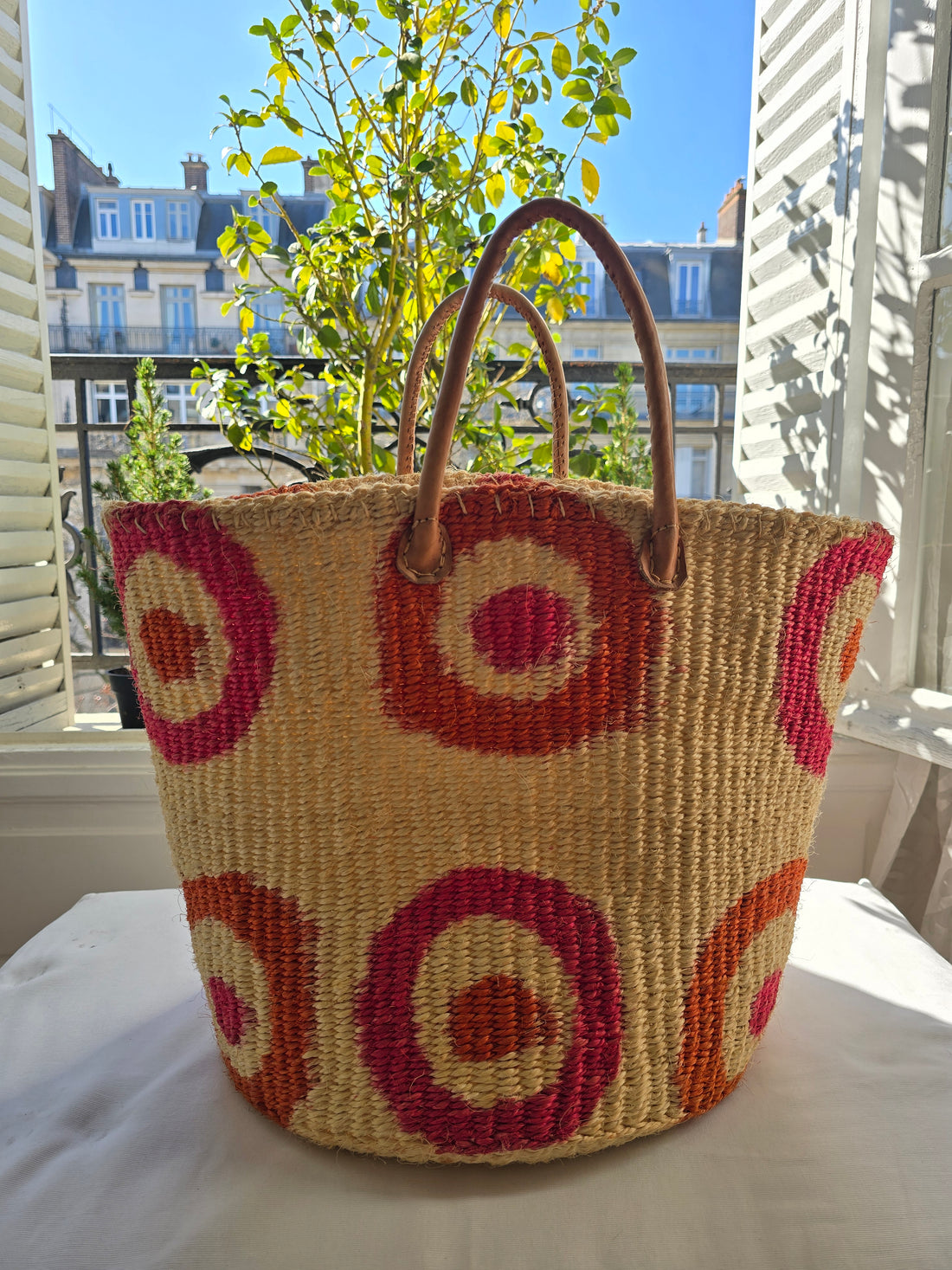 Grand panier en sisal - Beige, Rose &amp; Orange