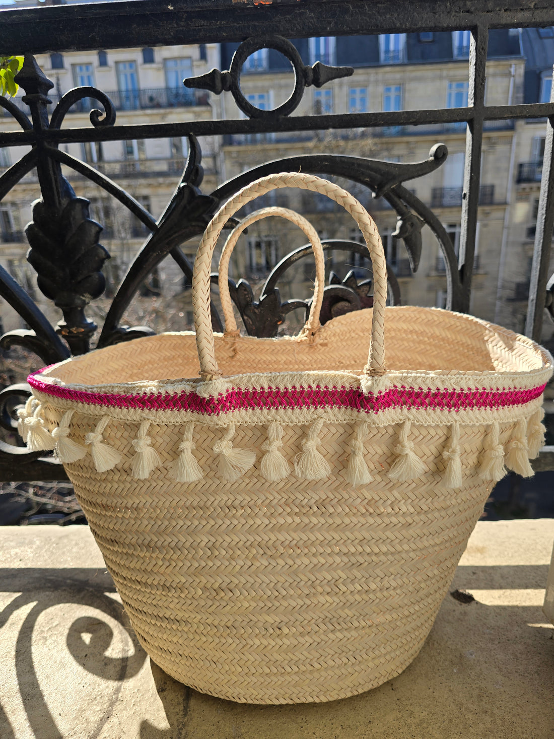 Grand panier avec passementerie Rose &amp; Beige