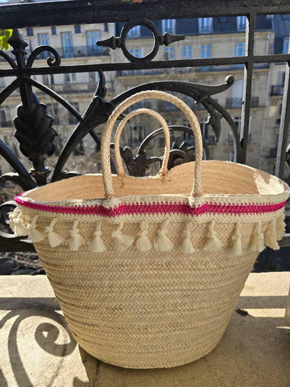 Grand panier avec passementerie Rose &amp; Beige
