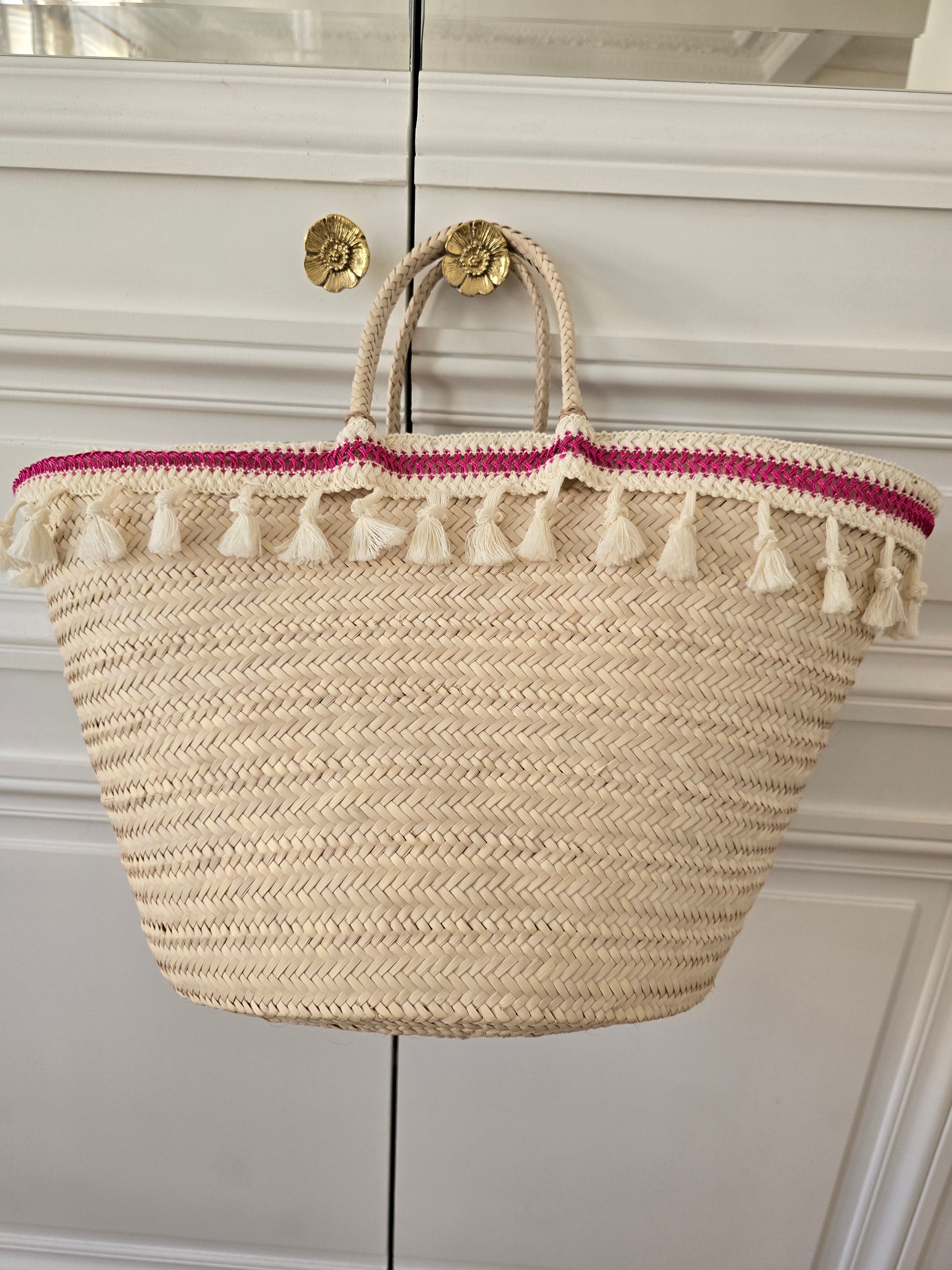 Grand panier avec passementerie Rose &amp; Beige