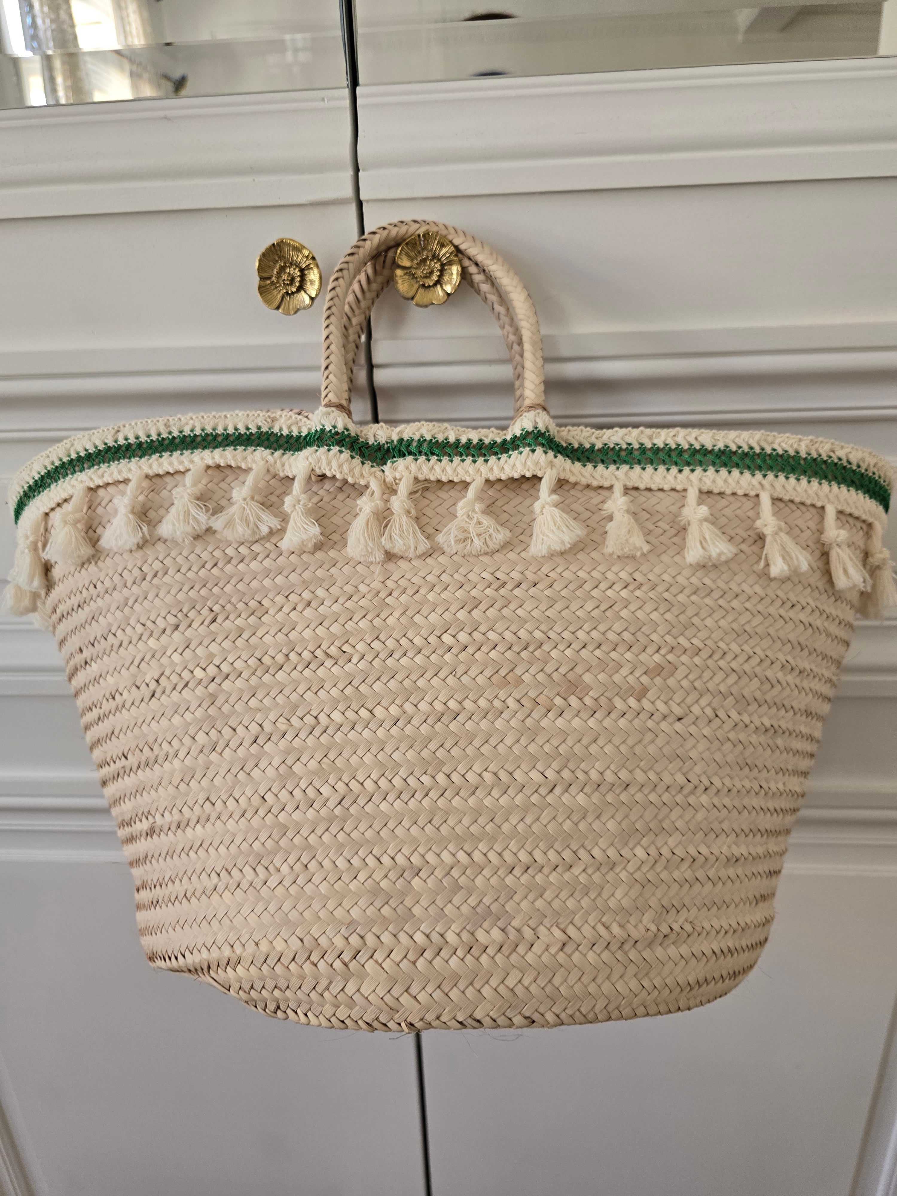 Grand panier avec passementerie Vert &amp; Beige