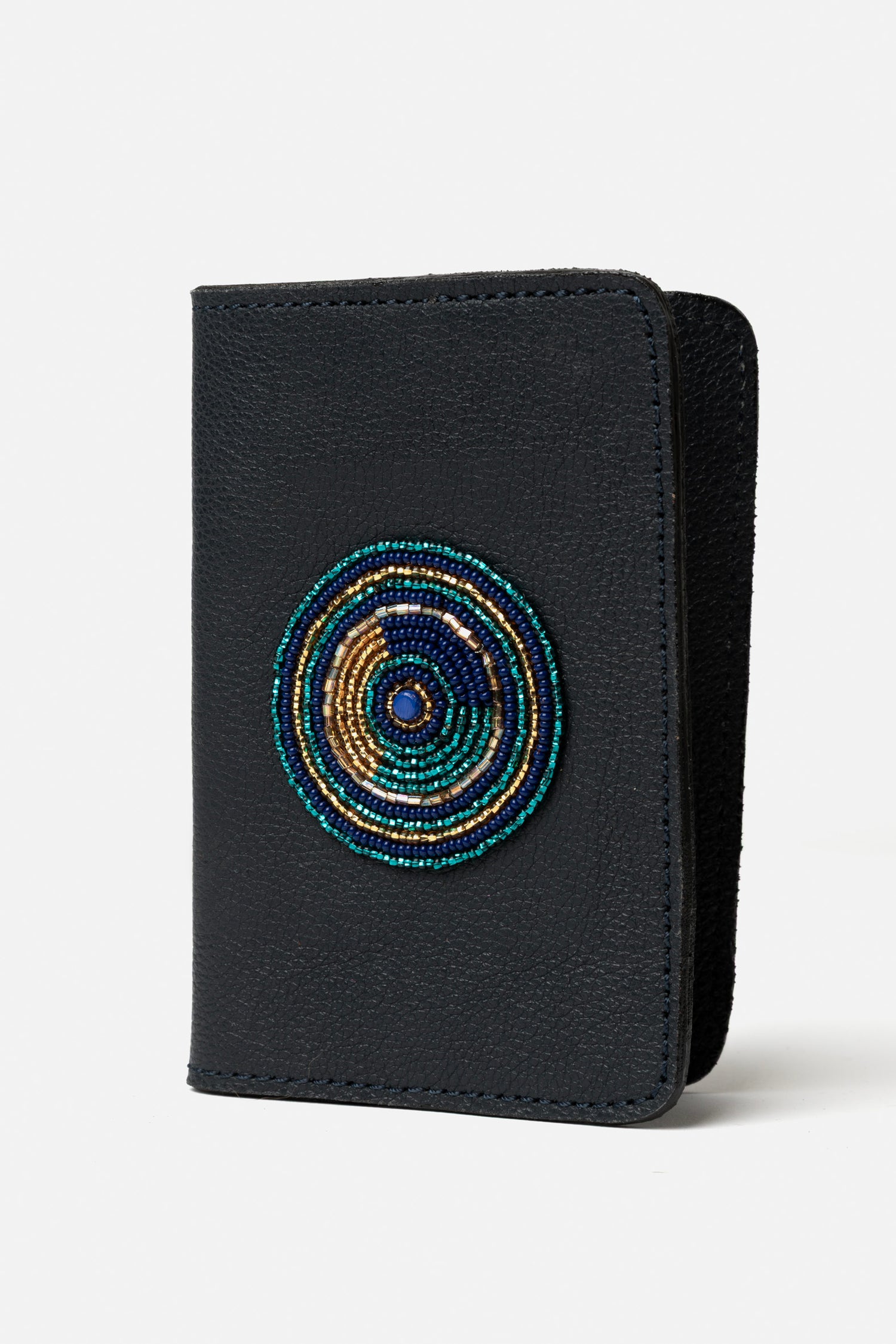 Etui Porte-Passeport en Cuir Grainé Blue Foncé &amp; Pastille Masai