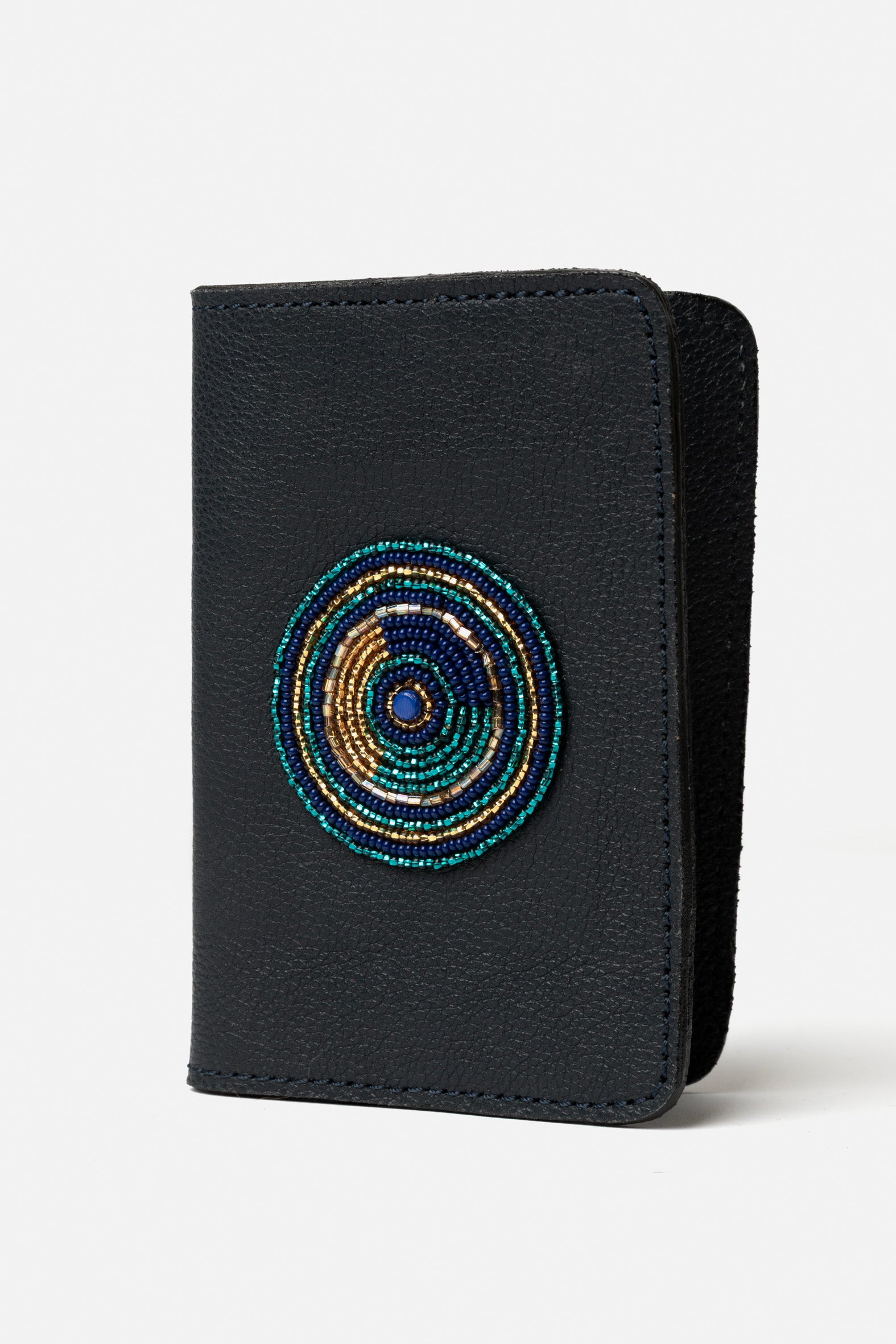 Etui Porte-Passeport en Cuir Grainé Blue Foncé &amp; Pastille Masai