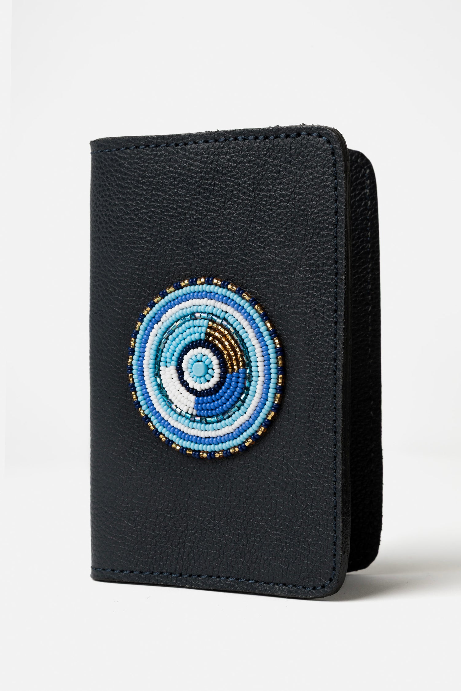Etui Porte-Passeport en Cuir Grainé Blue Foncé &amp; Pastille Masai