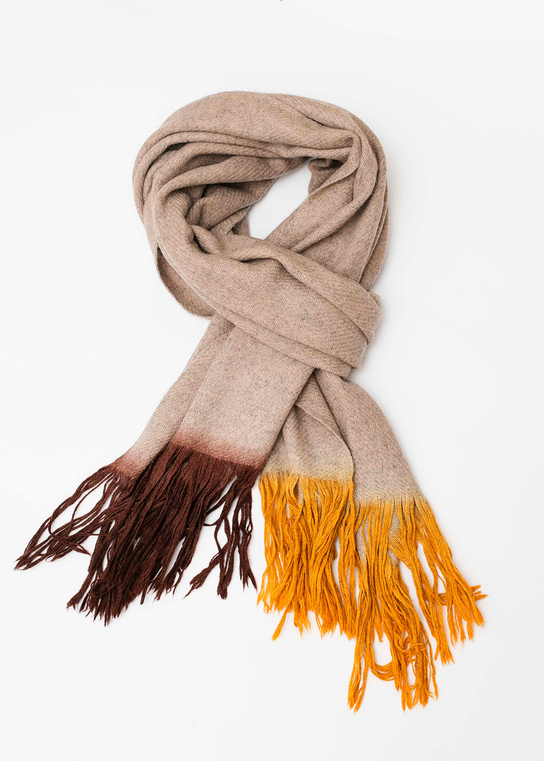 Écharpe en Yack en dégradé de Beige foncé - Franges longues marron &amp; ocre