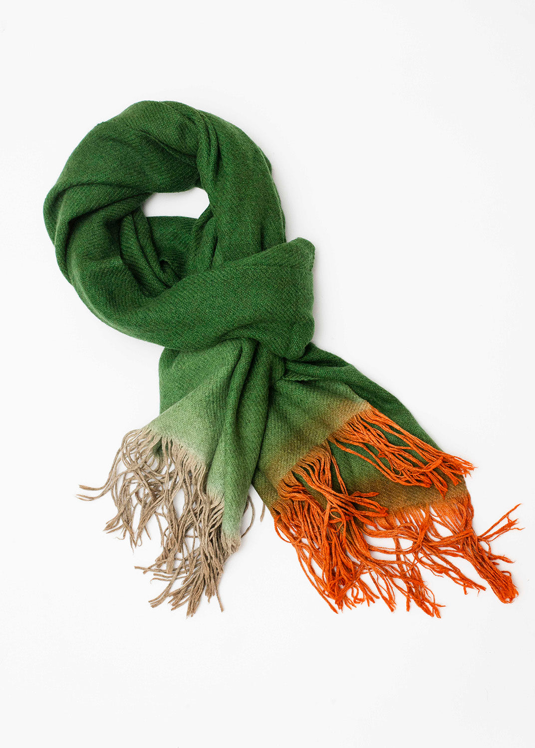 Écharpe en Yack en dégradé de vert - Franges longues orange &amp; beige